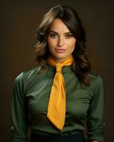 un mujer vistiendo un verde camisa y un amarillo Corbata generativo ai foto