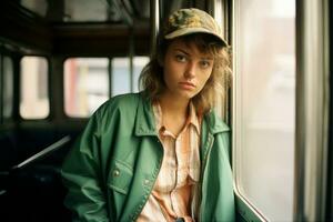 a woman wearing a green jacket and a baseball cap sitting on a bus generative ai photo