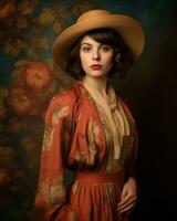 a woman wearing a hat and dress posing in front of a floral painting generative ai photo