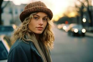 a woman wearing a hat and coat standing on the street generative ai photo