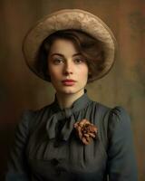 un mujer vistiendo un sombrero y vestir posando para un retrato generativo ai foto