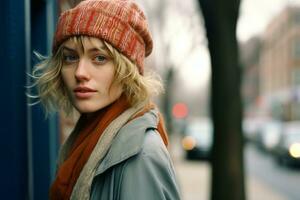 a woman wearing a hat and scarf in the city generative ai photo