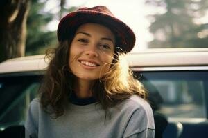 a woman wearing a hat sitting in front of a car generative ai photo