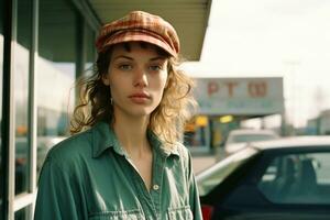 a woman wearing a hat in front of a car generative ai photo