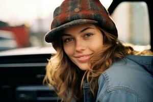 a woman wearing a hat sitting in the back seat of a car generative ai photo