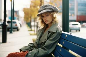a woman wearing a hat sitting on a bench generative ai photo