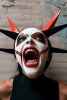 a woman wearing a mask with horns on her face generative ai photo