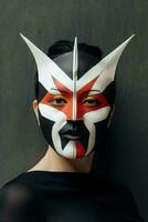 a woman wearing a mask with red white and black paint generative ai photo