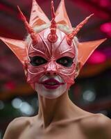 a woman wearing a pink and red mask generative ai photo