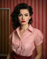 a woman wearing a pink shirt and red lipstick generative ai photo