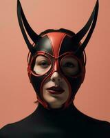 a woman wearing a red and black mask with horns generative ai photo