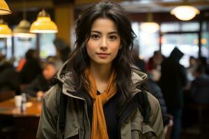 a woman wearing a jacket and scarf standing in a restaurant generative ai photo