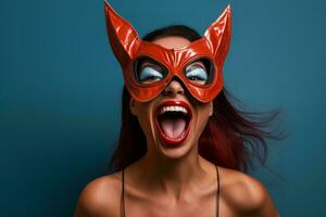 a woman wearing a red cat mask with her mouth open generative ai photo