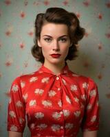 a woman wearing a red floral dress and red lipstick generative ai photo