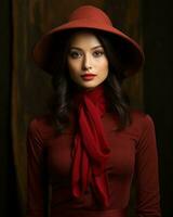 a woman wearing a red hat and a red scarf generative ai photo