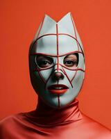 a woman wearing a red and white mask on an orange background generative ai photo