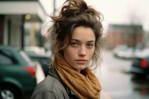 a woman wearing a scarf and jacket standing in front of a car generative ai photo