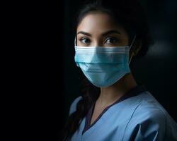 a woman wearing a surgical mask in front of a black background generative ai photo