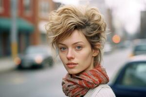 a woman wearing a scarf on the street generative ai photo