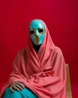 a woman wearing a turquoise mask sitting on a chair generative ai photo