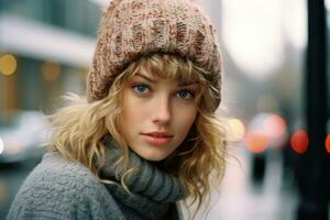 a woman wearing a sweater and a beanie generative ai photo