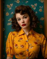 a woman wearing a yellow floral blouse and red lipstick generative ai photo