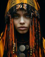 a woman wearing an orange and black headdress generative ai photo