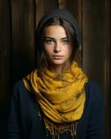 a woman wearing a yellow scarf and a beanie generative ai photo