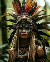 un mujer vistiendo un indio tocado en el selva generativo ai foto