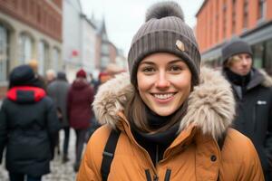 a woman wearing a winter coat and hat smiles at the camera generative ai photo