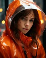 a woman wearing an orange raincoat generative ai photo