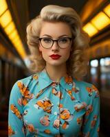 a woman wearing glasses and a floral shirt in a train generative ai photo