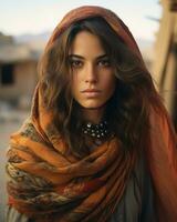 a woman wearing an orange scarf in the desert generative ai photo