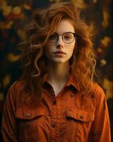 un mujer vistiendo lentes y un naranja camisa generativo ai foto