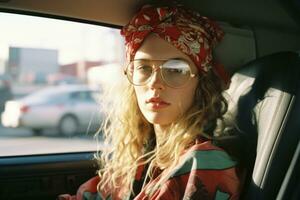 a woman wearing glasses and a headscarf sitting in the back seat of a car generative ai photo
