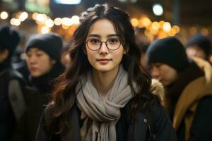 a woman wearing glasses and a scarf in the city at night generative ai photo