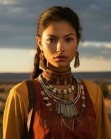 un mujer vistiendo nativo americano joyería en el Desierto generativo ai foto