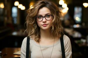 a woman wearing glasses in a restaurant generative ai photo