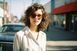 a woman wearing red sunglasses standing in front of a car generative ai photo