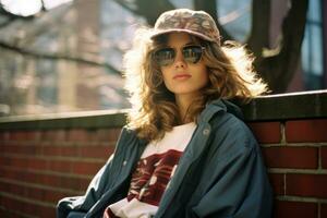 a woman wearing sunglasses and a baseball cap sitting on a brick wall generative ai photo