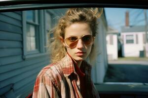 a woman wearing sunglasses and a plaid shirt sitting in the back seat of a car generative ai photo