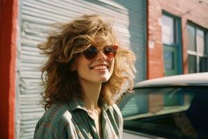 a woman wearing sunglasses and a plaid shirt is standing in front of a white car generative ai photo