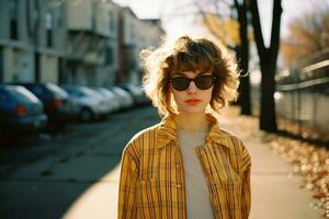 a woman wearing sunglasses and a plaid shirt standing on a street generative ai photo