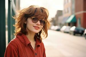 a woman wearing sunglasses and a red sweater standing in front of a building generative ai photo