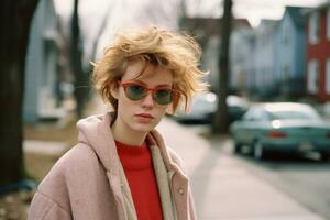 a woman wearing sunglasses and a red sweater standing on a city street generative ai photo