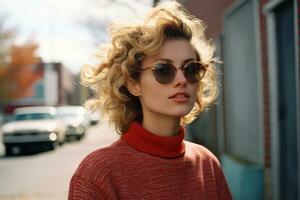 a woman wearing sunglasses and a red sweater standing on the street generative ai photo