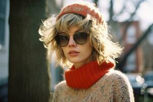 a woman wearing sunglasses and an orange sweater generative ai photo