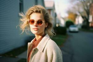 a woman wearing sunglasses in front of a house generative ai photo