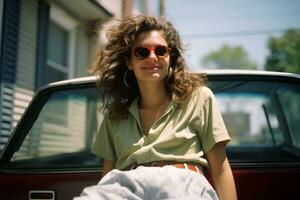 a woman wearing sunglasses sitting on the hood of a car generative ai photo