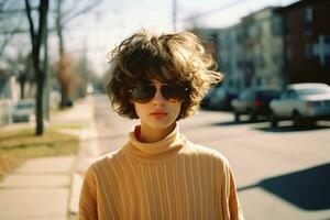 a woman wearing sunglasses standing on the street generative ai photo